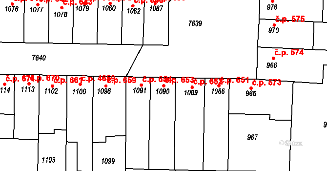 Prostějov 653 na parcele st. 1090 v KÚ Prostějov, Katastrální mapa