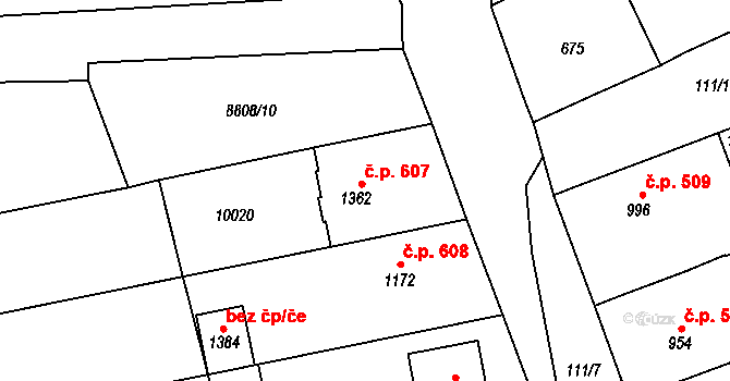 Dolní Dunajovice 607 na parcele st. 1362 v KÚ Dolní Dunajovice, Katastrální mapa