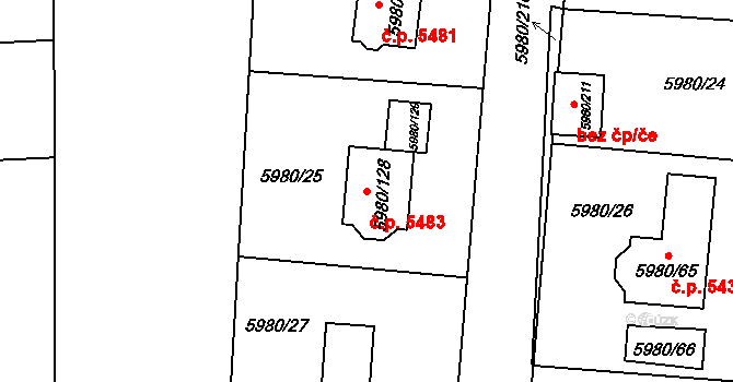 Chomutov 5483 na parcele st. 5980/128 v KÚ Chomutov I, Katastrální mapa