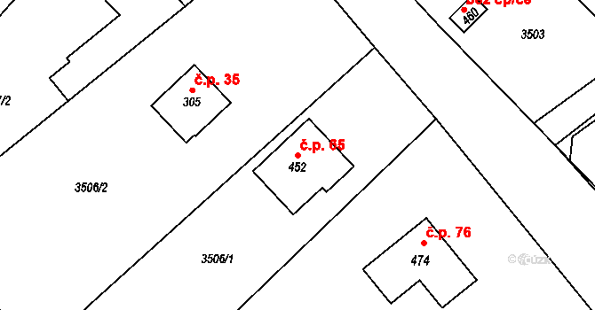 Podělusy 65, Týnec nad Sázavou na parcele st. 452 v KÚ Podělusy, Katastrální mapa