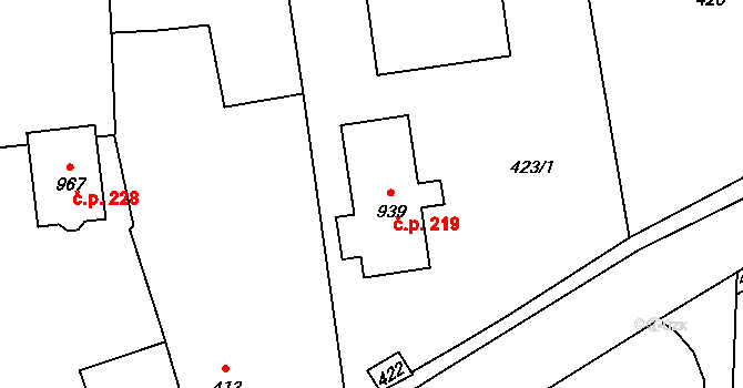 Stěbořice 219 na parcele st. 939 v KÚ Stěbořice, Katastrální mapa