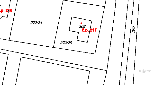 Únětice 217 na parcele st. 308 v KÚ Únětice u Prahy, Katastrální mapa