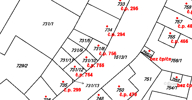 Jinonice 756, Praha na parcele st. 731/8 v KÚ Jinonice, Katastrální mapa