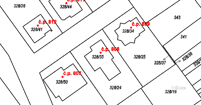 Šardice 808 na parcele st. 328/35 v KÚ Šardice, Katastrální mapa