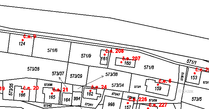 Čunín 208, Konice na parcele st. 161 v KÚ Čunín, Katastrální mapa