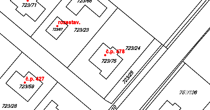 Koloděje 478, Praha na parcele st. 723/75 v KÚ Koloděje, Katastrální mapa