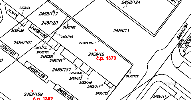 Bystrc 1373, Brno na parcele st. 2458/12 v KÚ Bystrc, Katastrální mapa