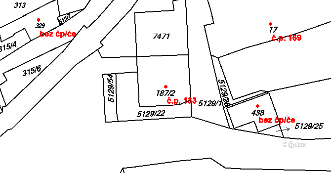 Pocinovice 133 na parcele st. 187/2 v KÚ Pocinovice, Katastrální mapa