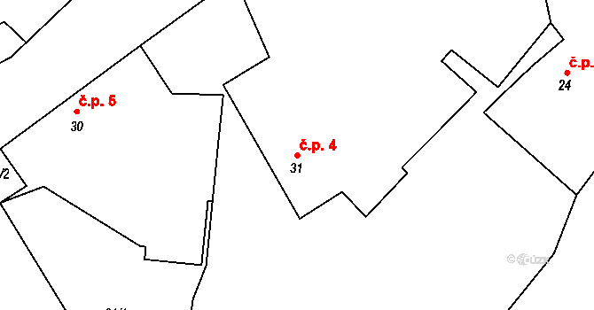 Třebýcina 4, Měčín na parcele st. 31 v KÚ Třebýcina, Katastrální mapa
