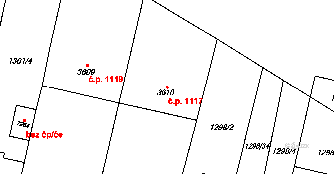 Bílé Předměstí 1117, Pardubice na parcele st. 3610 v KÚ Pardubice, Katastrální mapa