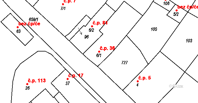 Líšťany 36 na parcele st. 6/1 v KÚ Líšťany, Katastrální mapa