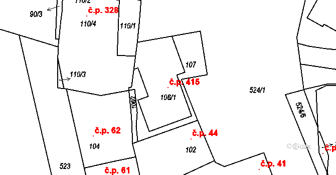 Hrdlořezy 415, Praha na parcele st. 106/1 v KÚ Hrdlořezy, Katastrální mapa