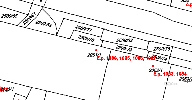 Kyjov 1085,1086,1087,1088 na parcele st. 2051/1 v KÚ Kyjov, Katastrální mapa