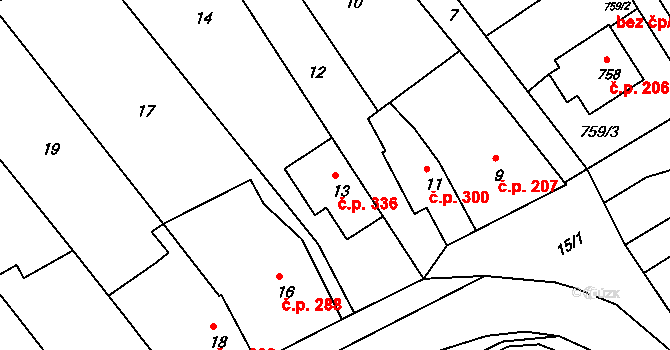 Šaratice 336 na parcele st. 13 v KÚ Šaratice, Katastrální mapa