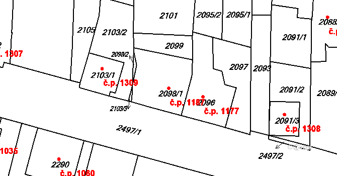 Slavkov u Brna 1187 na parcele st. 2098/1 v KÚ Slavkov u Brna, Katastrální mapa