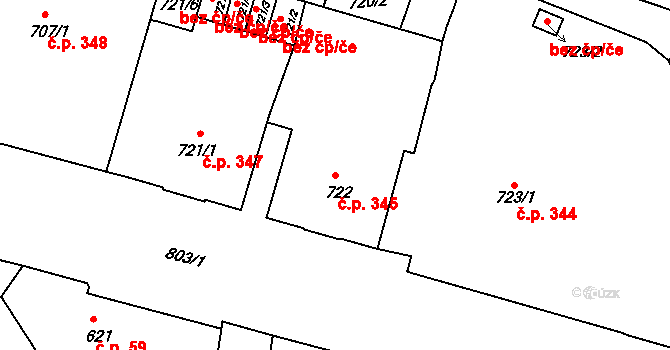 Děčín IV-Podmokly 345, Děčín na parcele st. 722 v KÚ Podmokly, Katastrální mapa