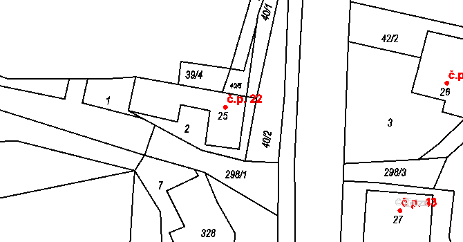 Kozov 22, Bouzov na parcele st. 25 v KÚ Kozov, Katastrální mapa