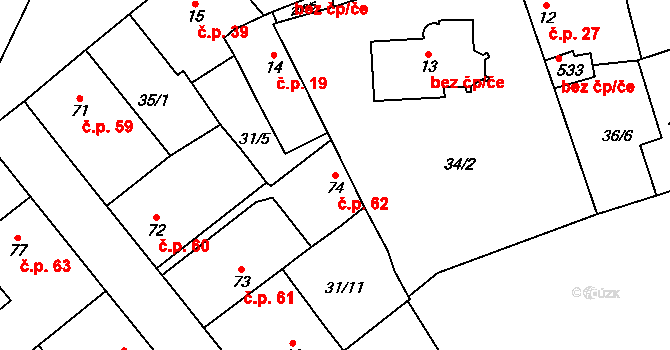 Sulejovice 62 na parcele st. 74 v KÚ Sulejovice, Katastrální mapa