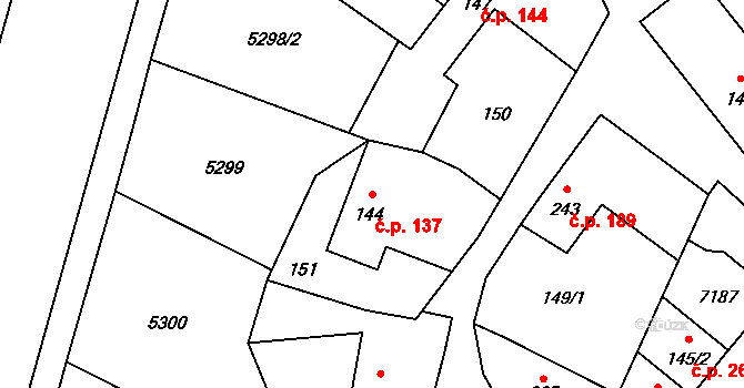 Mohelno 137 na parcele st. 144 v KÚ Mohelno, Katastrální mapa