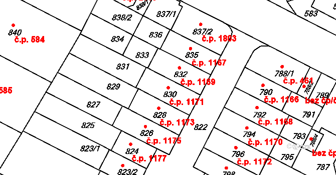 Černá Pole 1171, Brno na parcele st. 830 v KÚ Černá Pole, Katastrální mapa