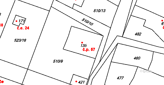 Horoušánky 57, Horoušany na parcele st. 135 v KÚ Horoušany, Katastrální mapa
