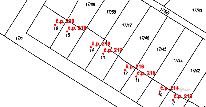 Svatava 217 na parcele st. 13 v KÚ Svatava, Katastrální mapa