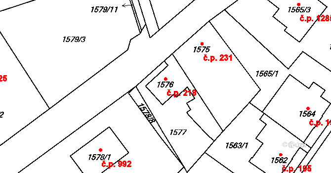 Radotín 218, Praha na parcele st. 1576 v KÚ Radotín, Katastrální mapa