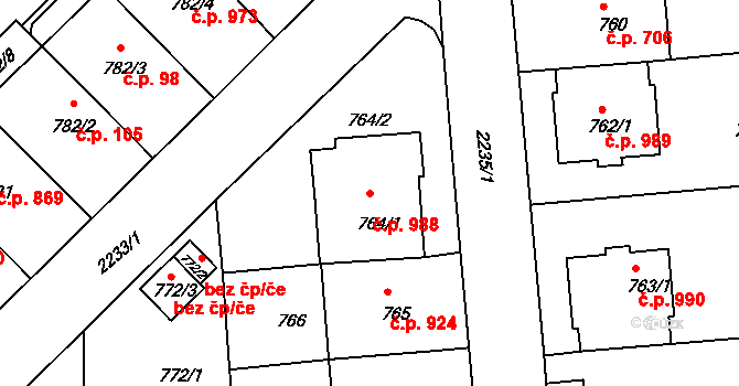 Střešovice 988, Praha na parcele st. 764/1 v KÚ Střešovice, Katastrální mapa
