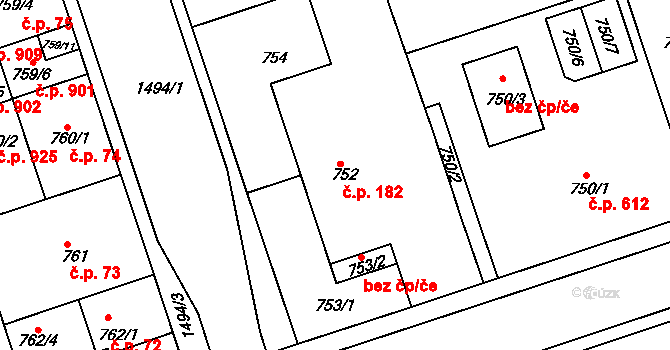 Čakovice 182, Praha na parcele st. 752 v KÚ Čakovice, Katastrální mapa