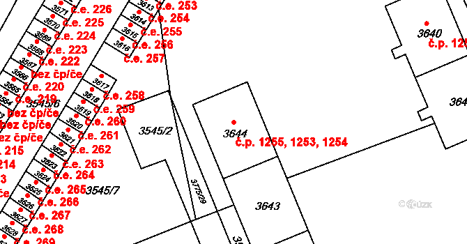 Jirkov 1253,1254,1255 na parcele st. 3644 v KÚ Jirkov, Katastrální mapa