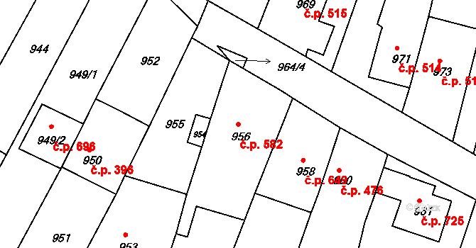 Střelice 582 na parcele st. 956 v KÚ Střelice u Brna, Katastrální mapa