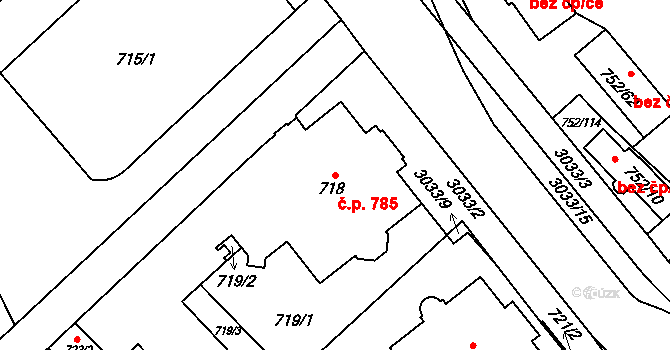 Předměstí 785, Opava na parcele st. 718 v KÚ Opava-Předměstí, Katastrální mapa