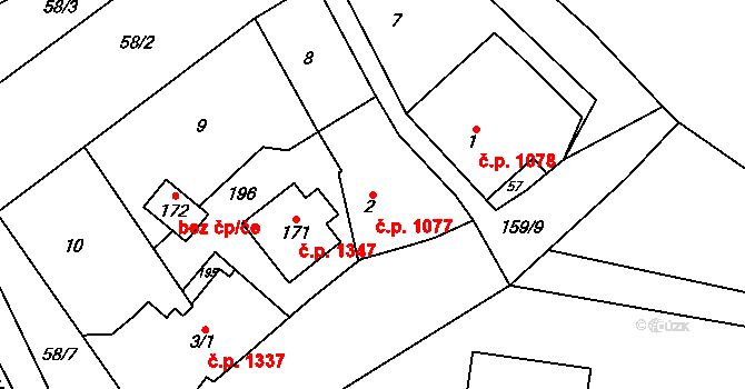 Litovel 1077 na parcele st. 2 v KÚ Chořelice, Katastrální mapa
