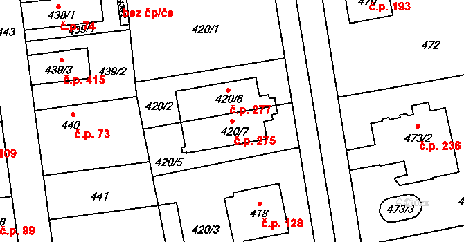 Šeberov 275, Praha na parcele st. 420/7 v KÚ Šeberov, Katastrální mapa