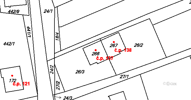 Hybrálec 137 na parcele st. 266 v KÚ Hybrálec, Katastrální mapa