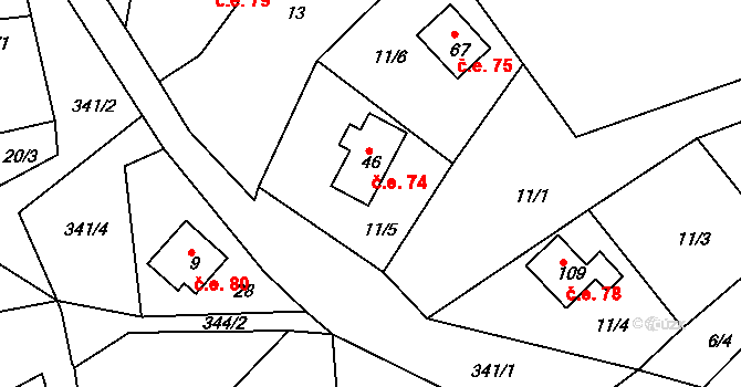 Boříkovy 74, Kolinec na parcele st. 46 v KÚ Boříkovy, Katastrální mapa
