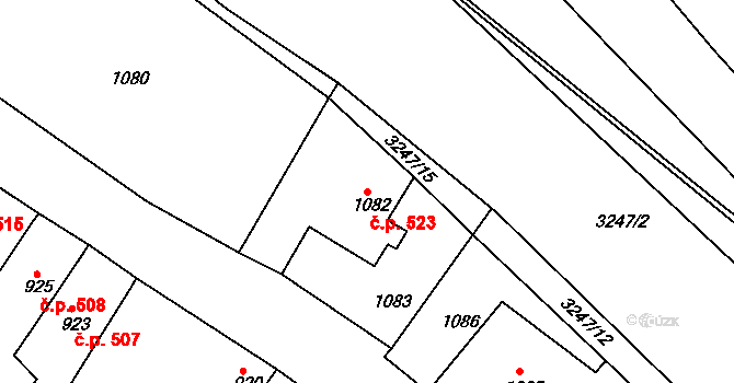 Buchlovice 523 na parcele st. 1082 v KÚ Buchlovice, Katastrální mapa