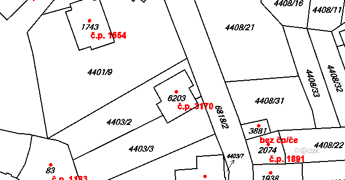 Žatec 3170 na parcele st. 6203 v KÚ Žatec, Katastrální mapa