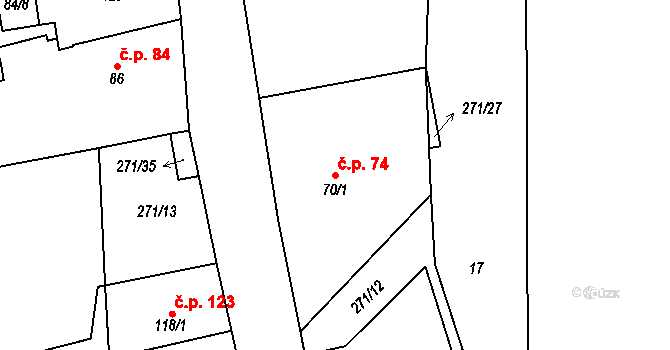 Řestoky 74 na parcele st. 70/1 v KÚ Řestoky, Katastrální mapa