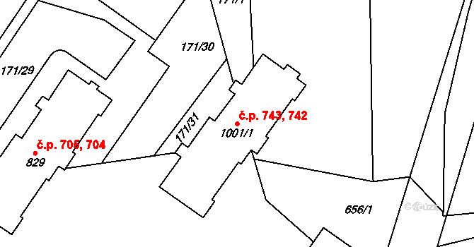 Slatiňany 742,743 na parcele st. 1001/1 v KÚ Slatiňany, Katastrální mapa