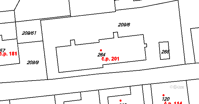 Žichovice 201 na parcele st. 264 v KÚ Žichovice, Katastrální mapa