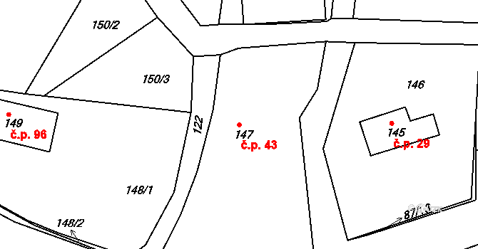 Slavětín nad Metují 43 na parcele st. 147 v KÚ Slavětín nad Metují, Katastrální mapa