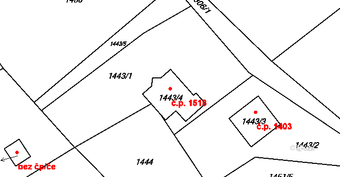 Bystřice 1518 na parcele st. 1443/4 v KÚ Bystřice nad Olší, Katastrální mapa