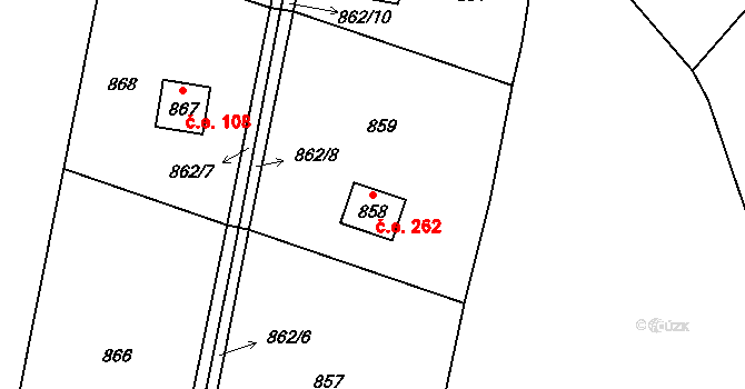 Zadní Třebaň 262 na parcele st. 858 v KÚ Zadní Třebaň, Katastrální mapa