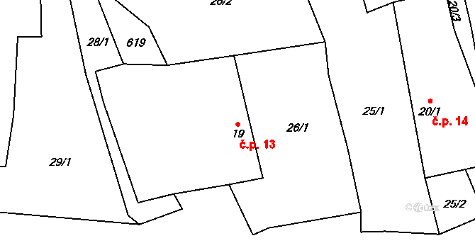 Léskovec 13, Počátky na parcele st. 19 v KÚ Léskovec, Katastrální mapa