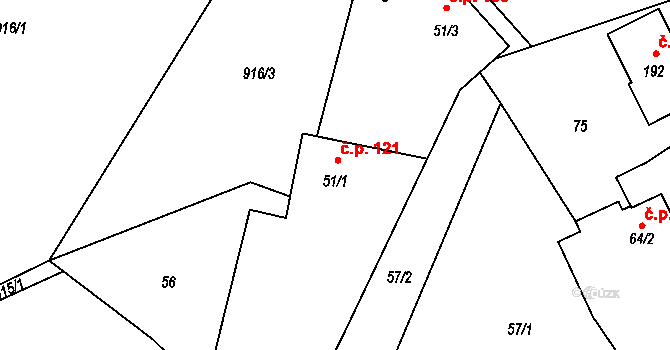 Oselce 121 na parcele st. 51/1 v KÚ Oselce, Katastrální mapa