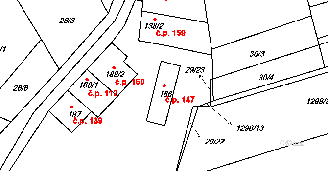 Morkůvky 147 na parcele st. 186 v KÚ Morkůvky, Katastrální mapa