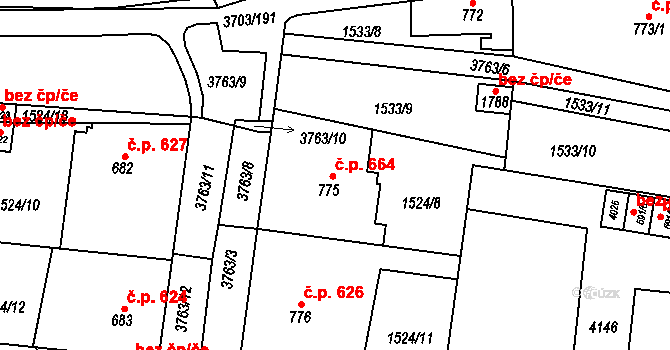 Dobřany 664 na parcele st. 775 v KÚ Dobřany, Katastrální mapa