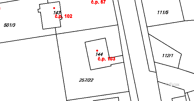 Chvalovice 103, Kovanice na parcele st. 144 v KÚ Chvalovice u Nymburka, Katastrální mapa