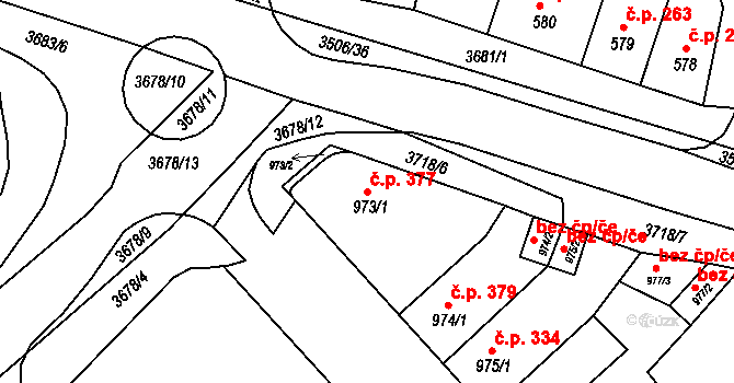 Vyškov-Předměstí 377, Vyškov na parcele st. 973/1 v KÚ Vyškov, Katastrální mapa